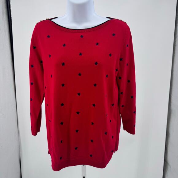 Talbots Petites Red Sweater Womens MP Embroidery Stars Button Shoulder Detail - Picture 3 of 9